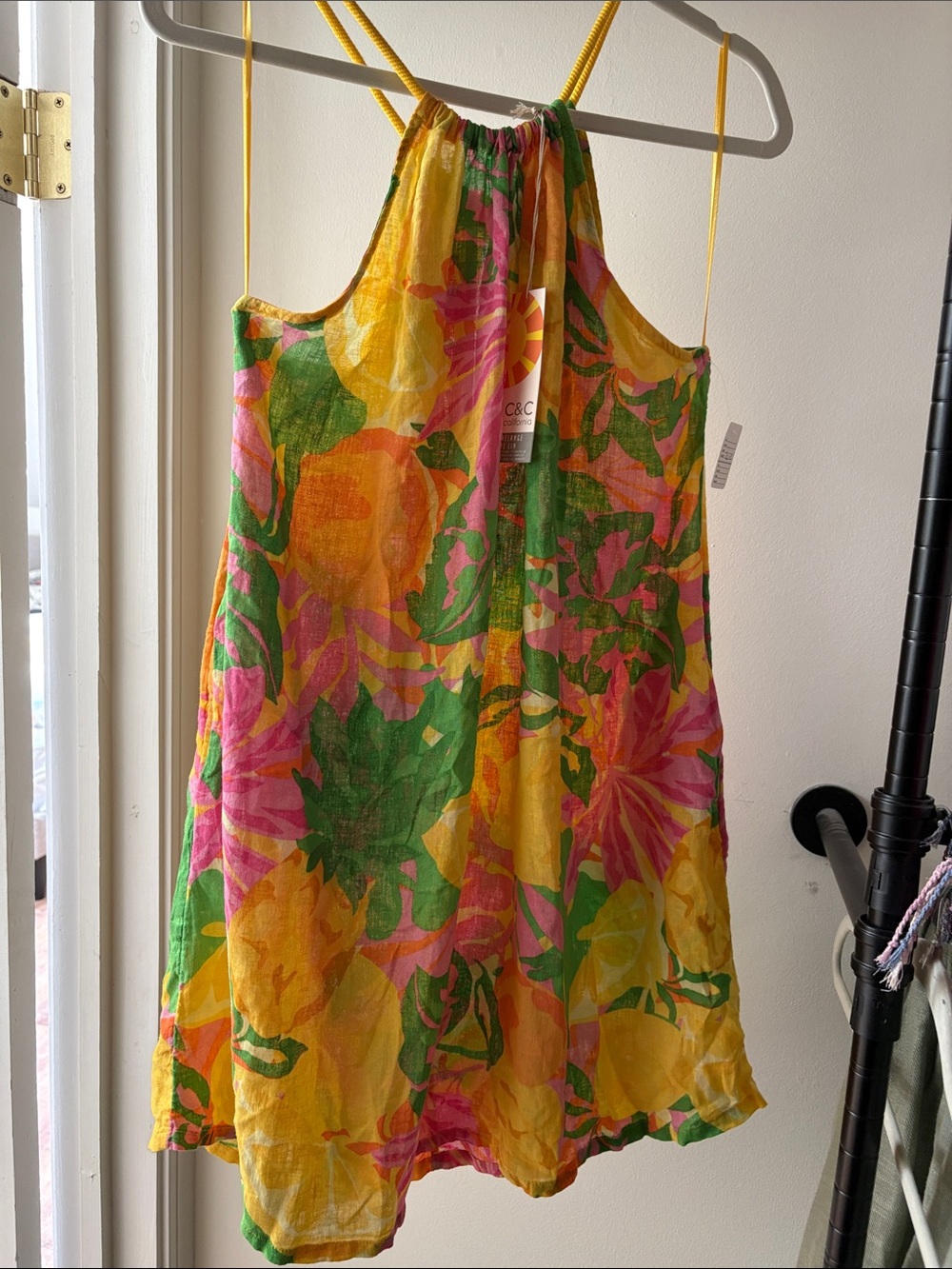 C&C California Yellow Pink Green Floral Halter Tunic NWTO-Size Large